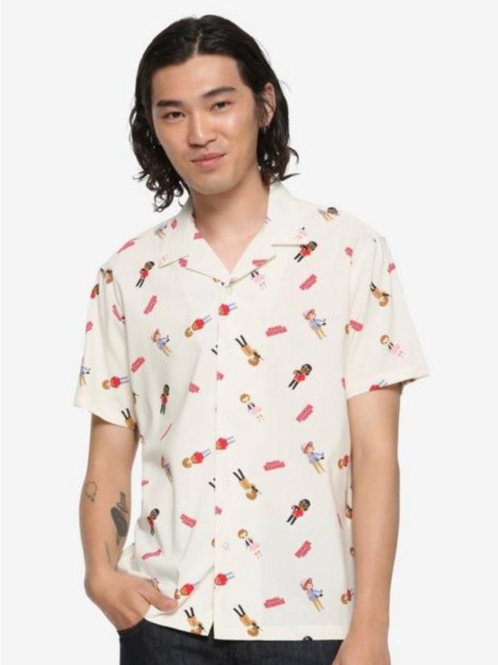 Stranger Things Button-Up Shirt | All-Over Character Print | Short Sleeve